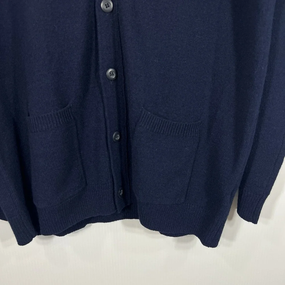 WoolOvers‎ Mens Lambswool V Neck Cardigan Size Large Navy Preppy Classic *FLAW*